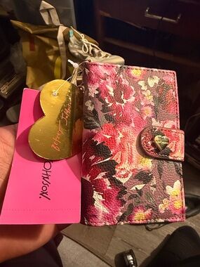 Betsey Johnson Pink Floral Snap Wallet with Gold Heart Accent
